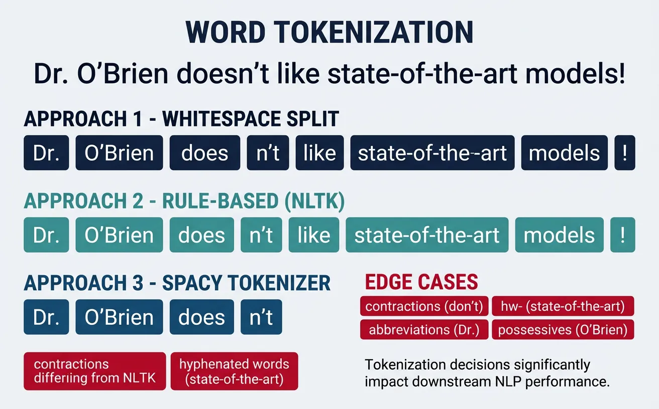 Word tokenization splitting a sentence into individual tokens with edge cases highlighted