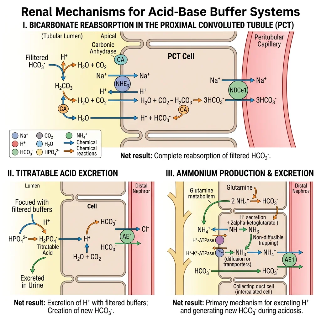 Acid-base buffer systems in the kidney showing bicarbonate reabsorption in the PCT, titratable acid excretion, and ammonium production