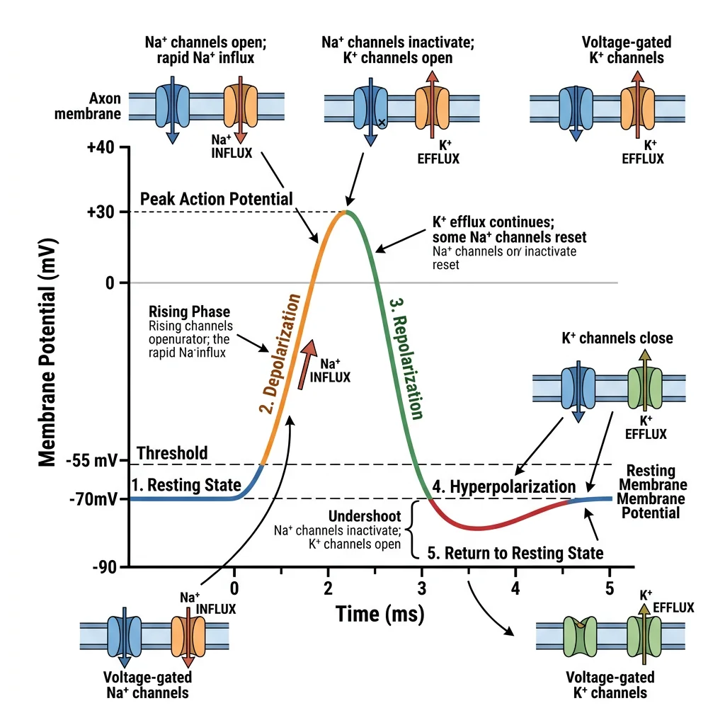 Diagram of action potential phases showing depolarization, repolarization, and hyperpolarization