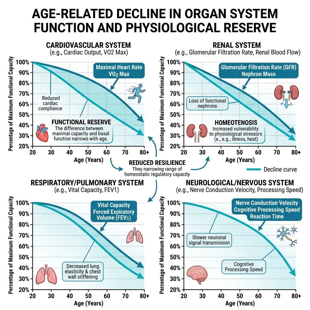 Graph showing age-related decline in organ system function including cardiovascular, renal, pulmonary, and neurological reserve