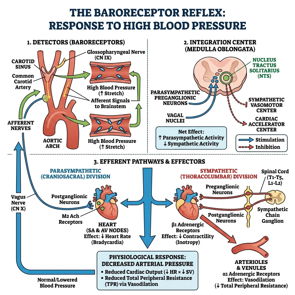 Diagram of the baroreceptor reflex arc showing carotid sinus and aortic arch receptors, medullary integration, and autonomic efferent responses