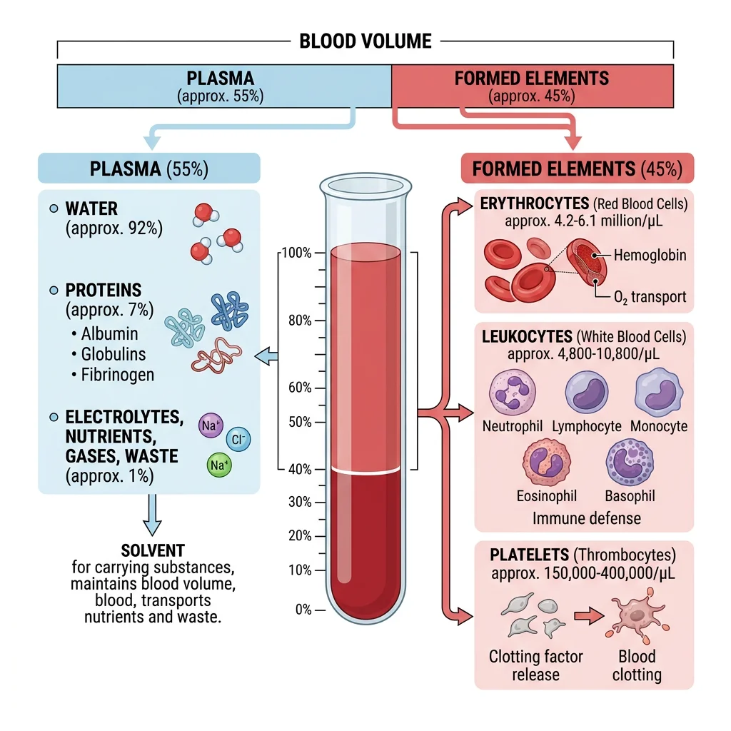Diagram showing major blood components: plasma (water, proteins, electrolytes) and formed elements (erythrocytes, leukocytes, platelets) with relative proportions
