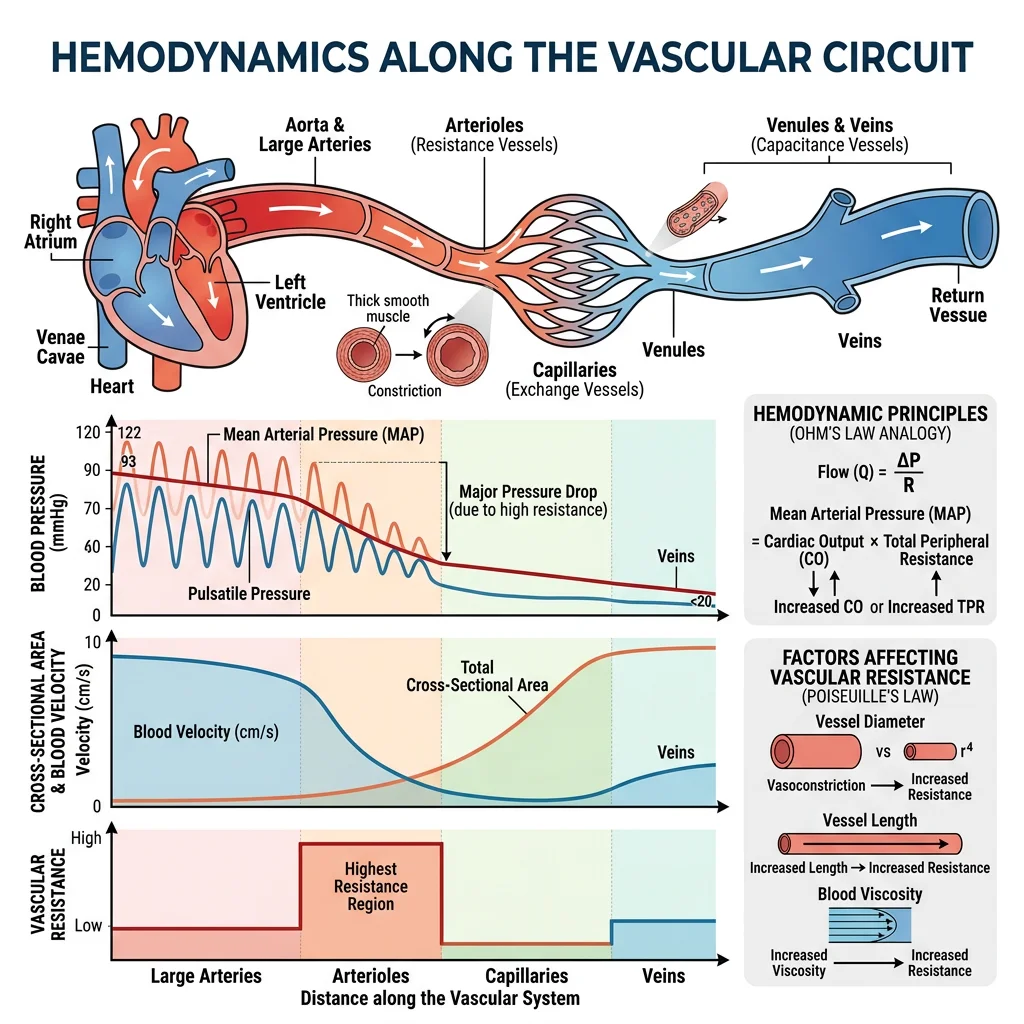 Diagram showing the relationship between blood pressure, flow, and resistance across the vascular system