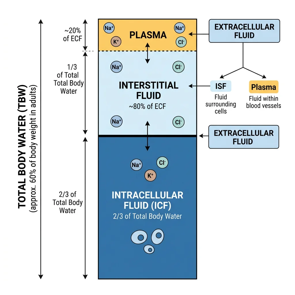 Body fluid compartments showing total body water divided into intracellular (2/3) and extracellular (1/3) fluid, with ECF split into plasma and interstitial fluid