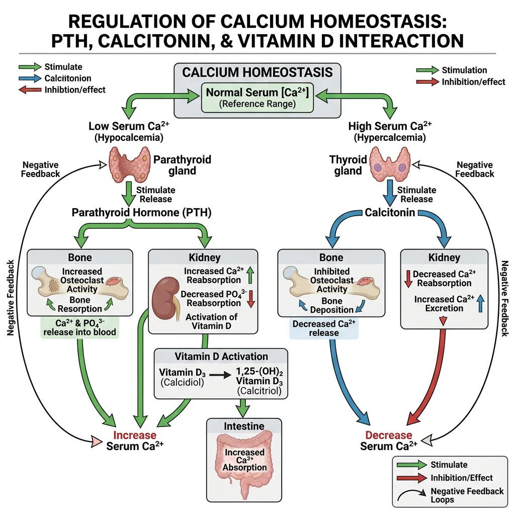 Calcium homeostasis diagram showing PTH, vitamin D, and calcitonin interactions