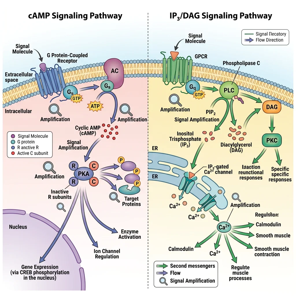 cAMP and IP₃/DAG second messenger cascades showing signal amplification from receptor to cellular response