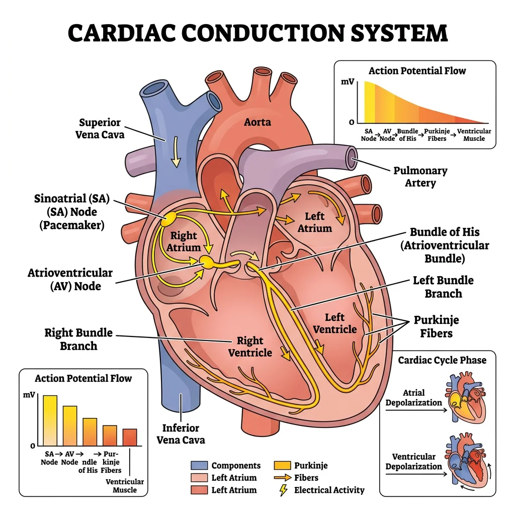 Diagram of the cardiac conduction system showing the SA node, AV node, Bundle of His, and Purkinje fibers