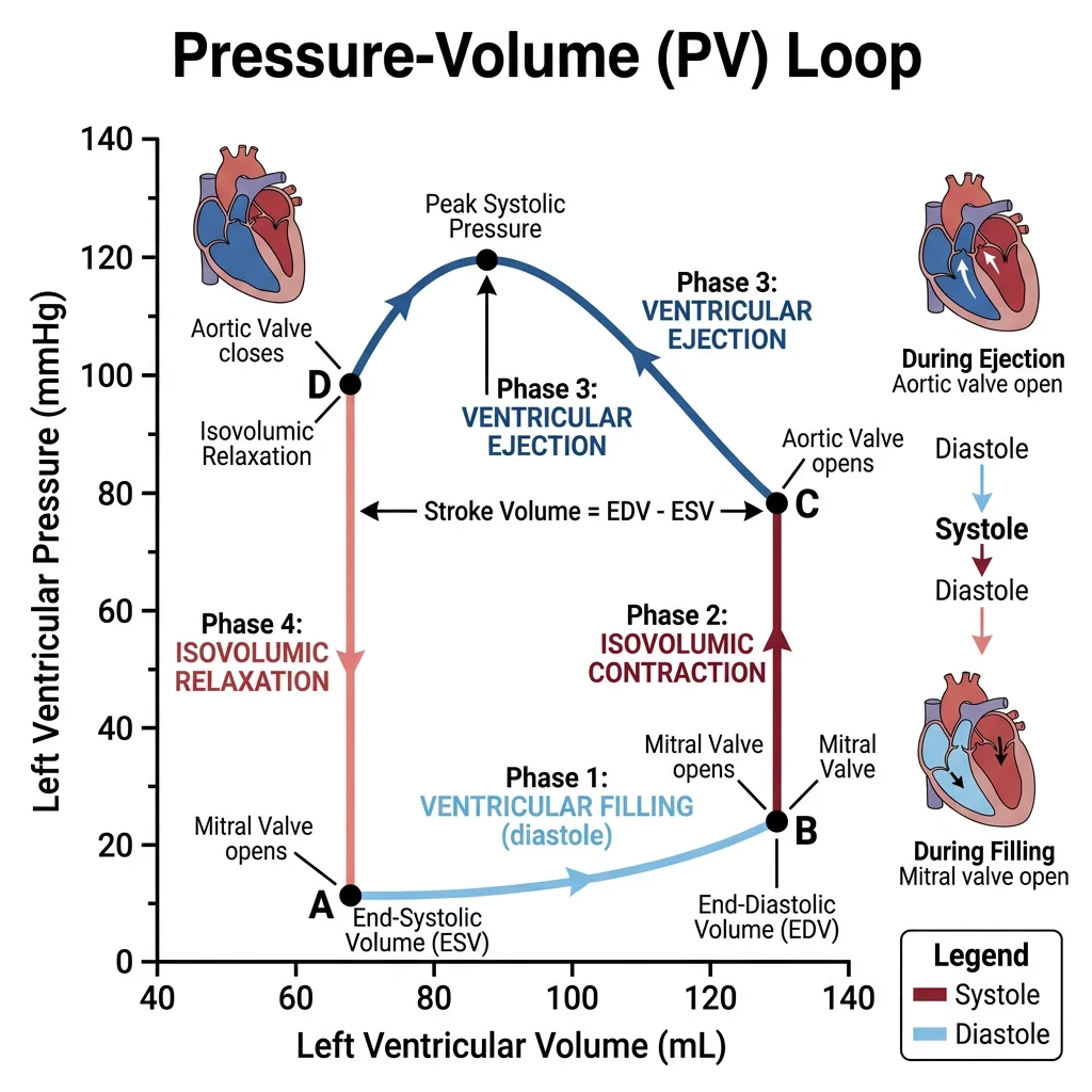 Pressure-volume diagram of the cardiac cycle showing the four phases: filling, isovolumic contraction, ejection, and isovolumic relaxation