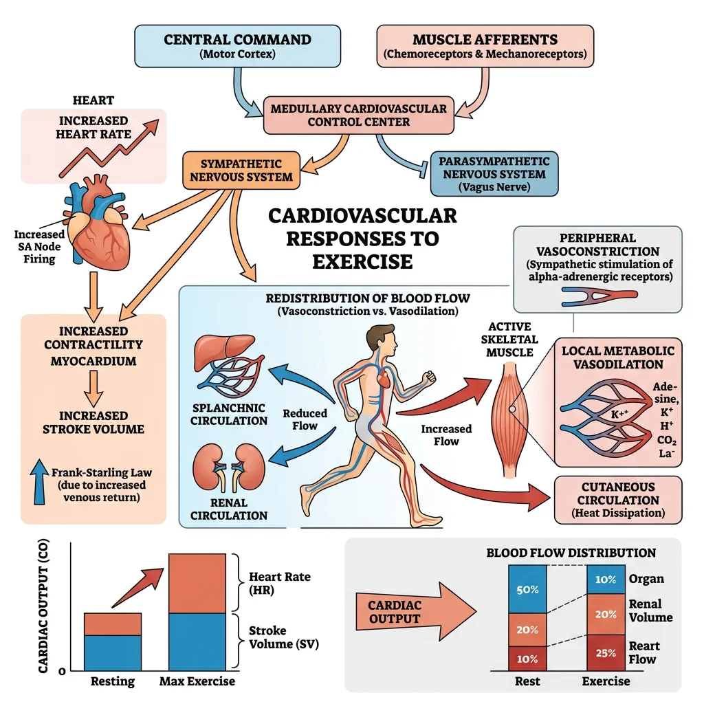 Diagram showing cardiovascular responses to exercise including heart rate increase, stroke volume changes, and blood flow redistribution