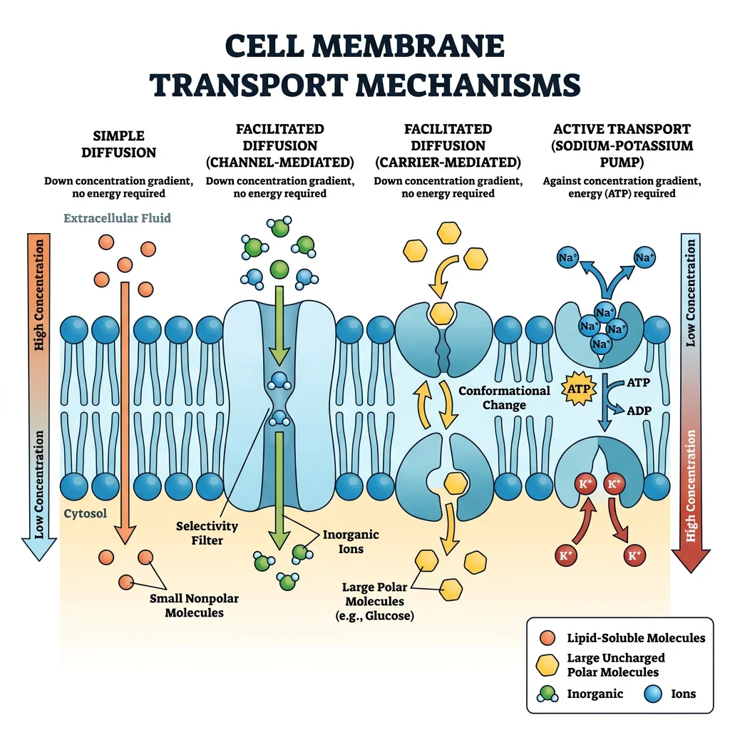 Cross-section of a cell membrane showing different transport mechanisms including simple diffusion, facilitated diffusion through channel and carrier proteins, and active transport via the sodium-potassium pump