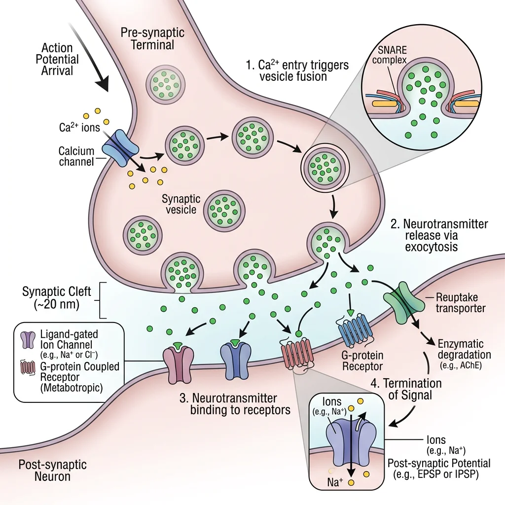 Chemical synapse showing vesicle fusion, neurotransmitter release into synaptic cleft, and receptor binding