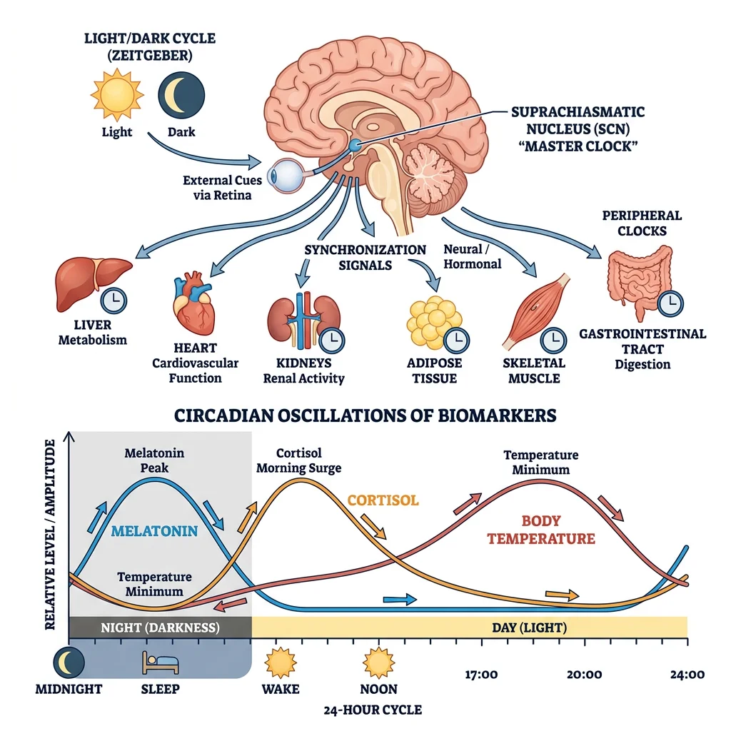 Circadian rhythm graph showing 24-hour oscillations of cortisol, body temperature, and melatonin levels, with the suprachiasmatic nucleus (SCN) as the master clock synchronizing peripheral organ clocks