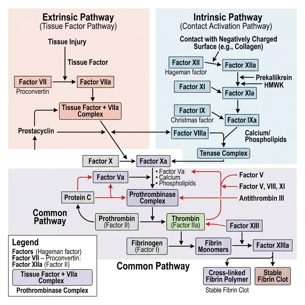 Coagulation cascade diagram showing the intrinsic pathway (contact activation: XII → XIIa → XI → XIa → IX → IXa) and extrinsic pathway (tissue factor + VIIa) converging at Factor Xa in the common pathway leading to thrombin and fibrin clot formation
