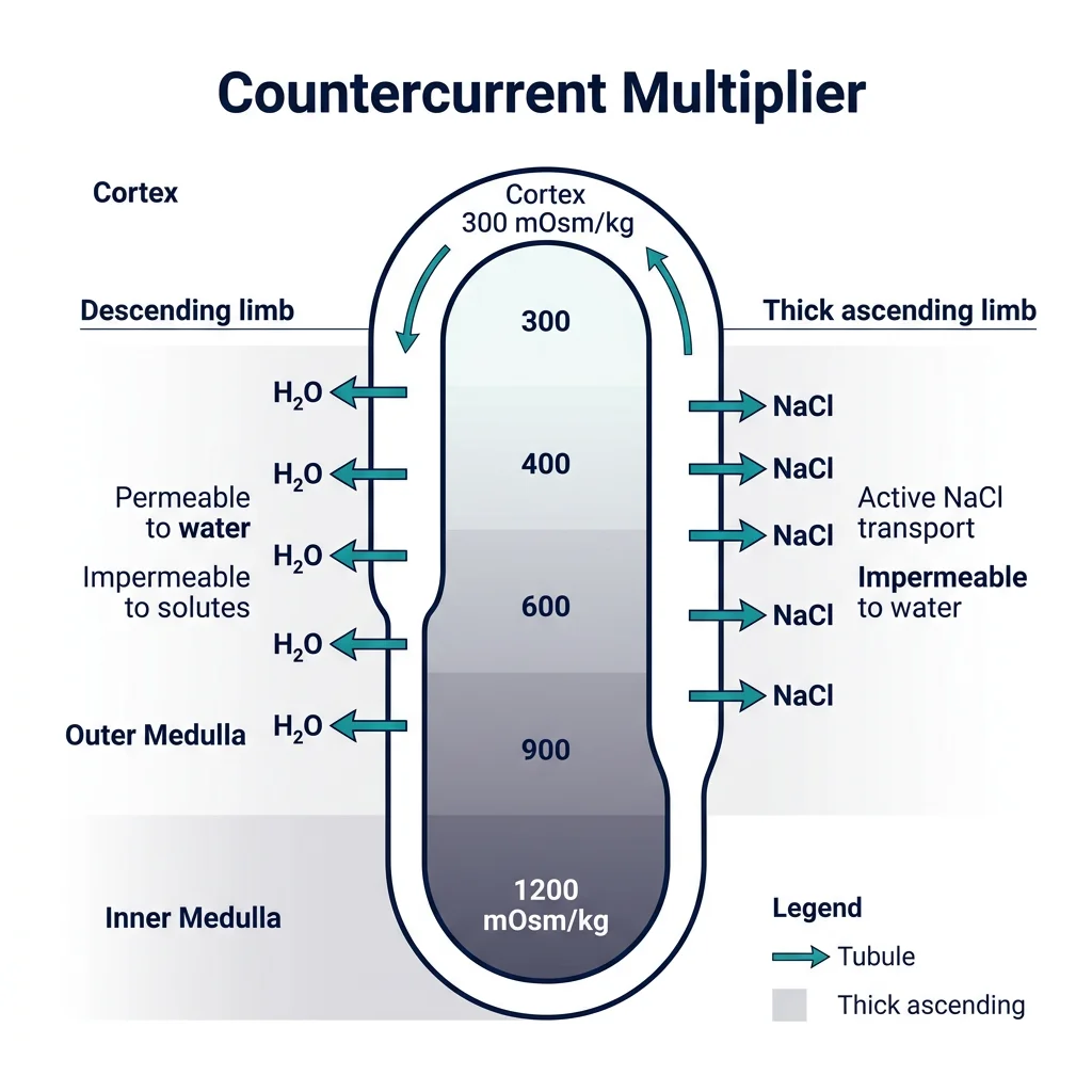 Countercurrent multiplier mechanism in the loop of Henle showing osmolality gradient from cortex (300 mOsm) to inner medulla (1200 mOsm)