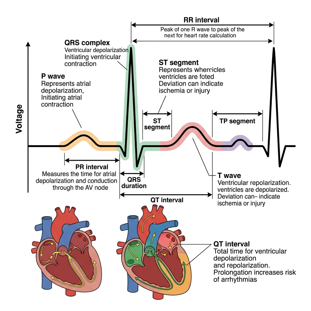 Annotated ECG waveform showing P wave, QRS complex, T wave, and key intervals for clinical interpretation
