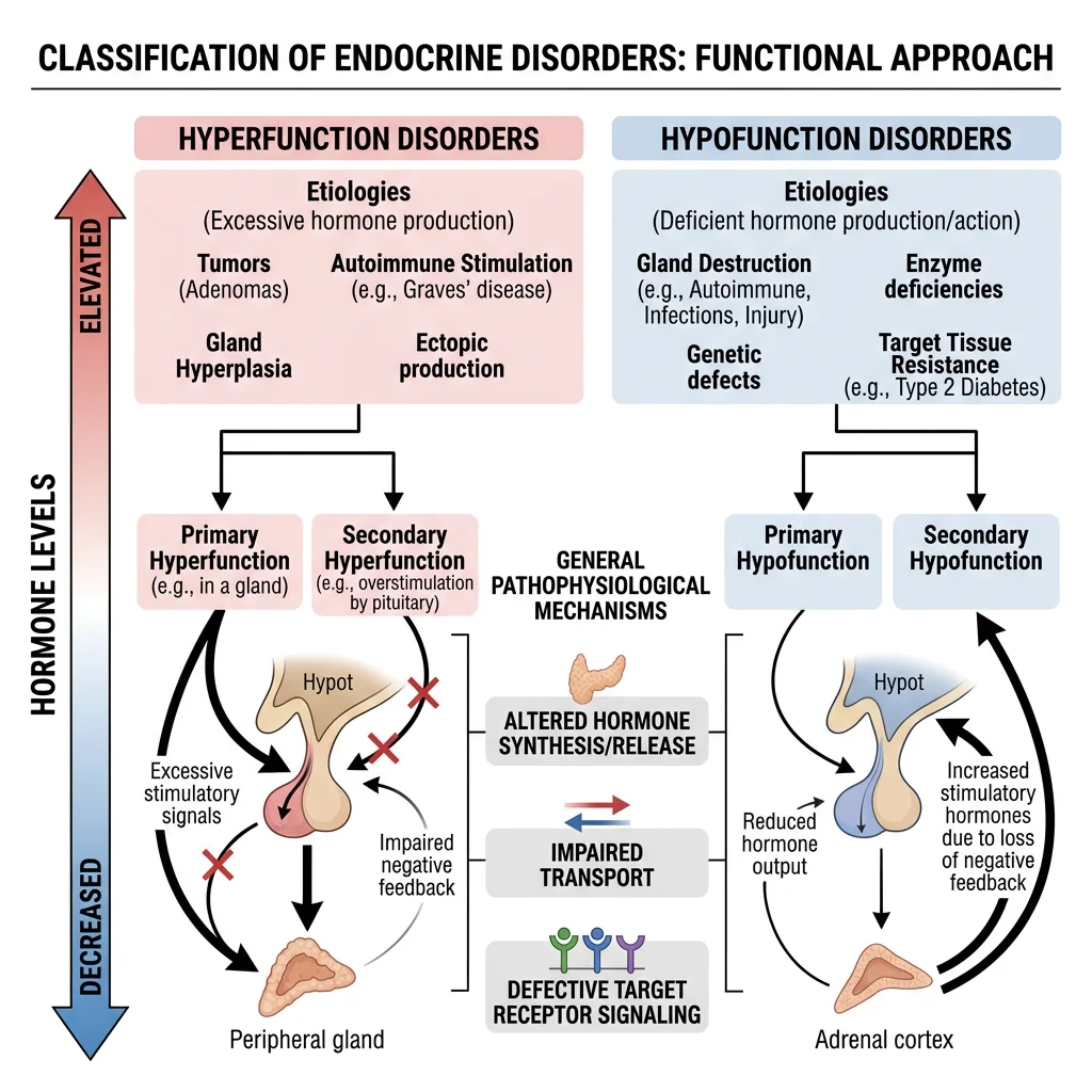 Classification diagram of endocrine disorders including hyper- and hypo-function
