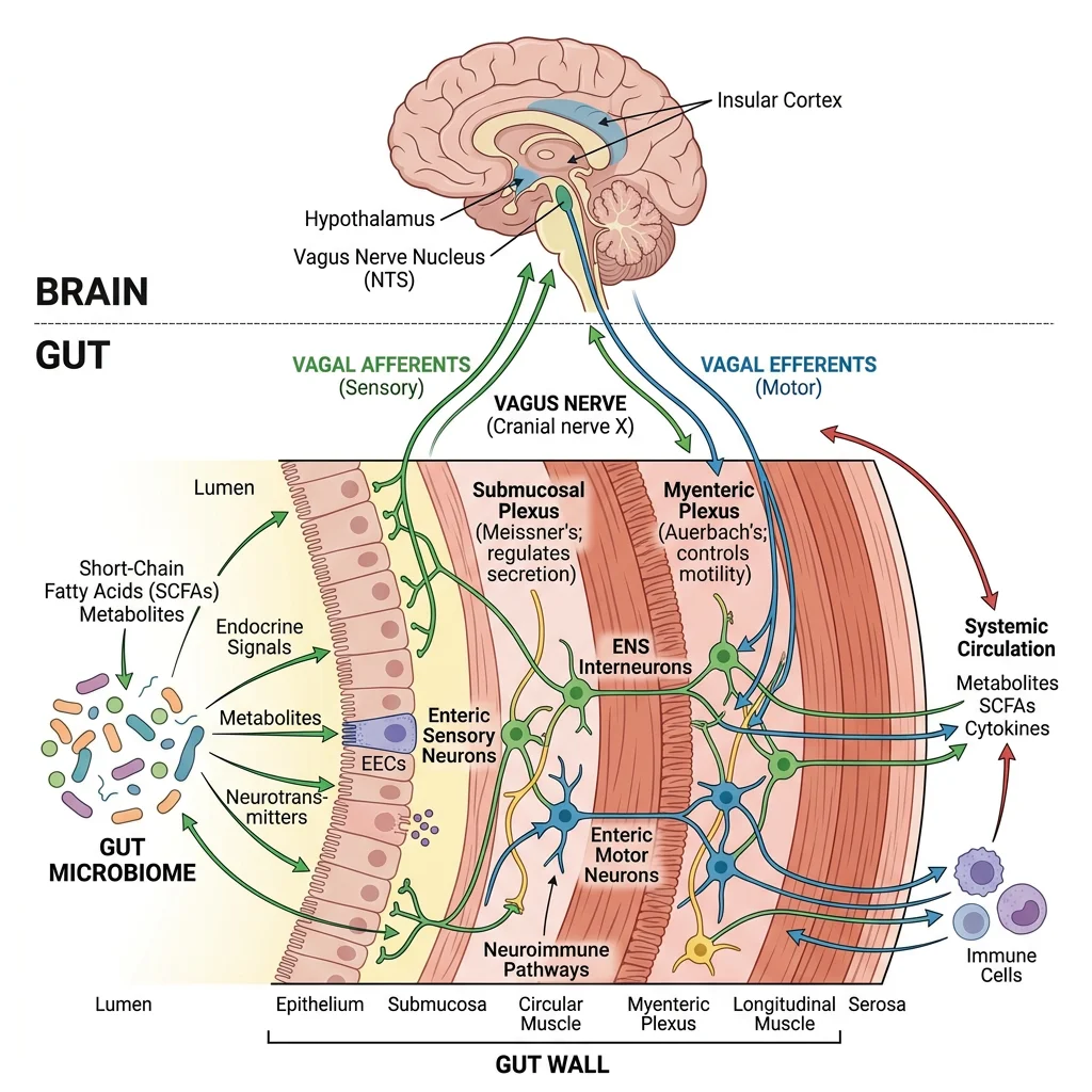 Diagram of the enteric nervous system and gut-brain axis showing vagal afferents, ENS plexuses, and microbiome signalling