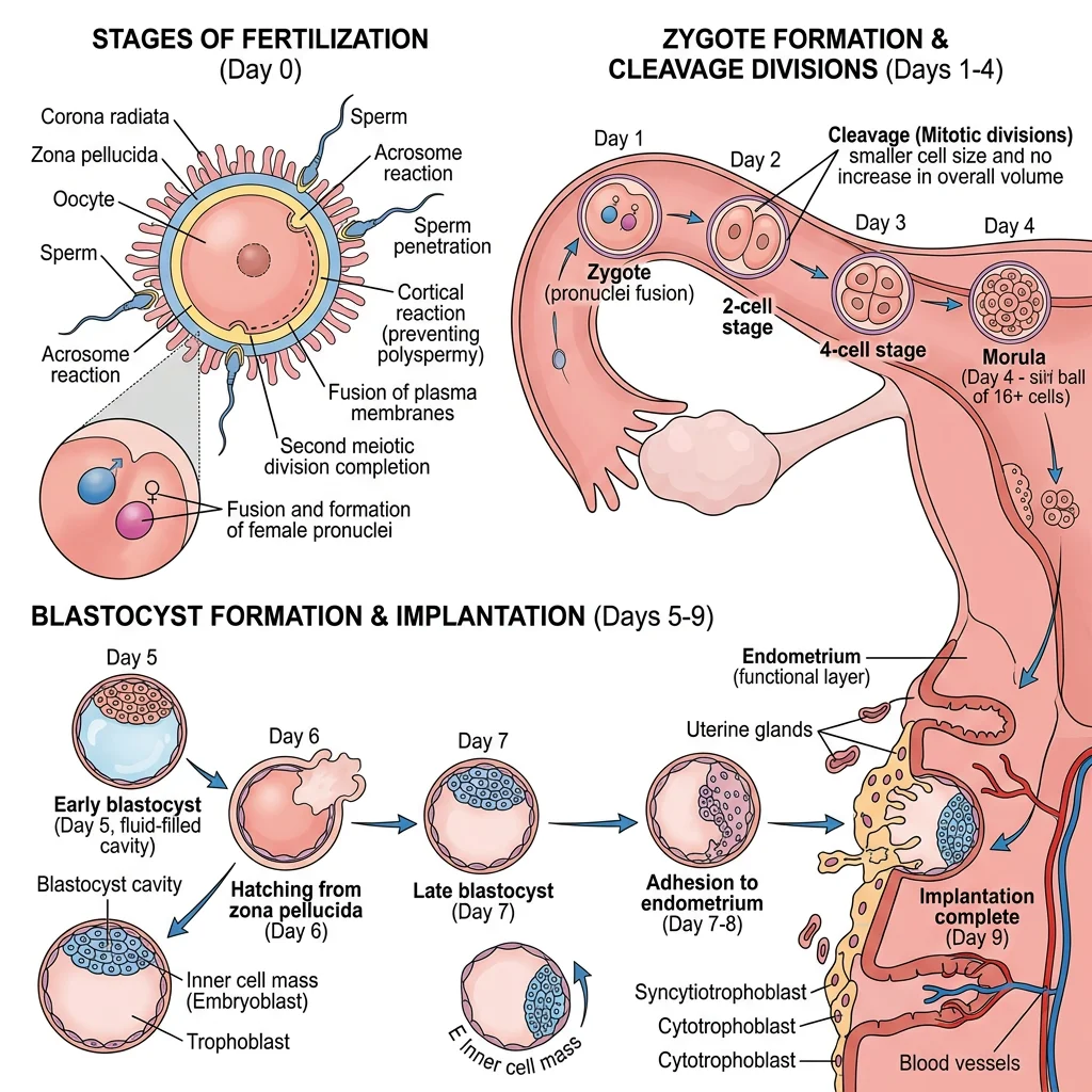 Stages of fertilization, zygote formation, cleavage divisions, and blastocyst implantation into the uterine endometrium
