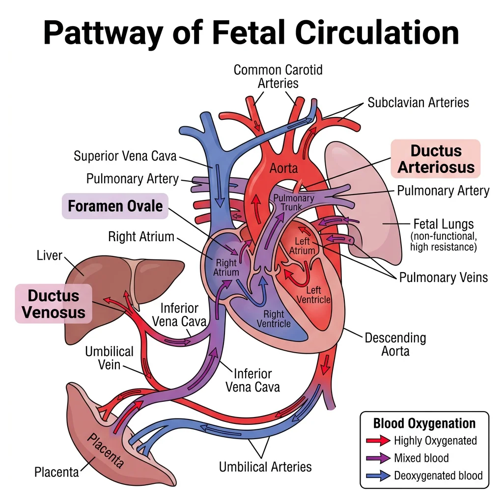 Diagram of fetal circulation showing the three shunts: ductus venosus, foramen ovale, and ductus arteriosus with oxygenated and deoxygenated blood flow paths