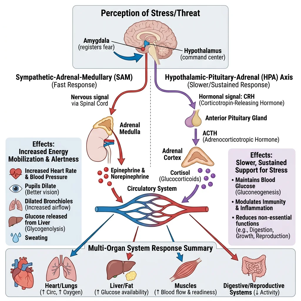 Diagram of the fight-or-flight stress response pathway showing sympathoadrenal activation, HPA axis, and multi-organ effects
