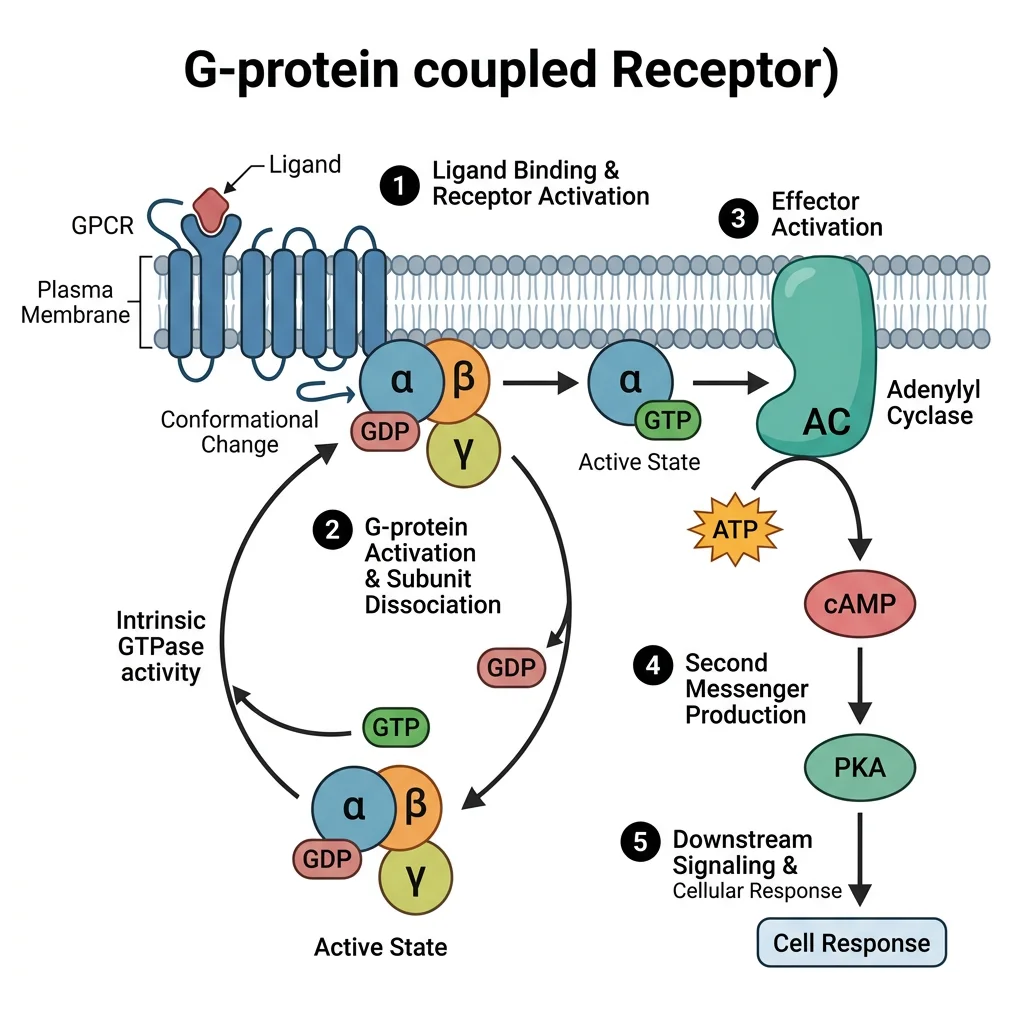 G-protein coupled receptor signaling pathway showing ligand binding, Gα subunit activation, and downstream effector cascade