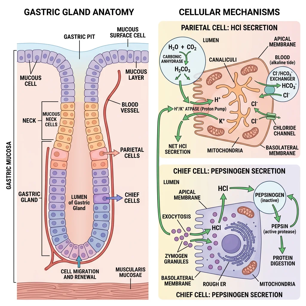 Gastric gland anatomy showing parietal cells secreting HCl and chief cells secreting pepsinogen