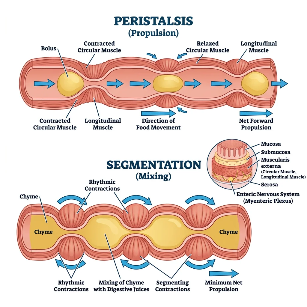 Diagram showing peristalsis and segmentation contractions in the GI tract
