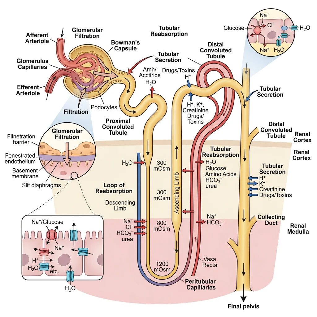 Diagram illustrating glomerular filtration, tubular reabsorption, and tubular secretion processes along the nephron