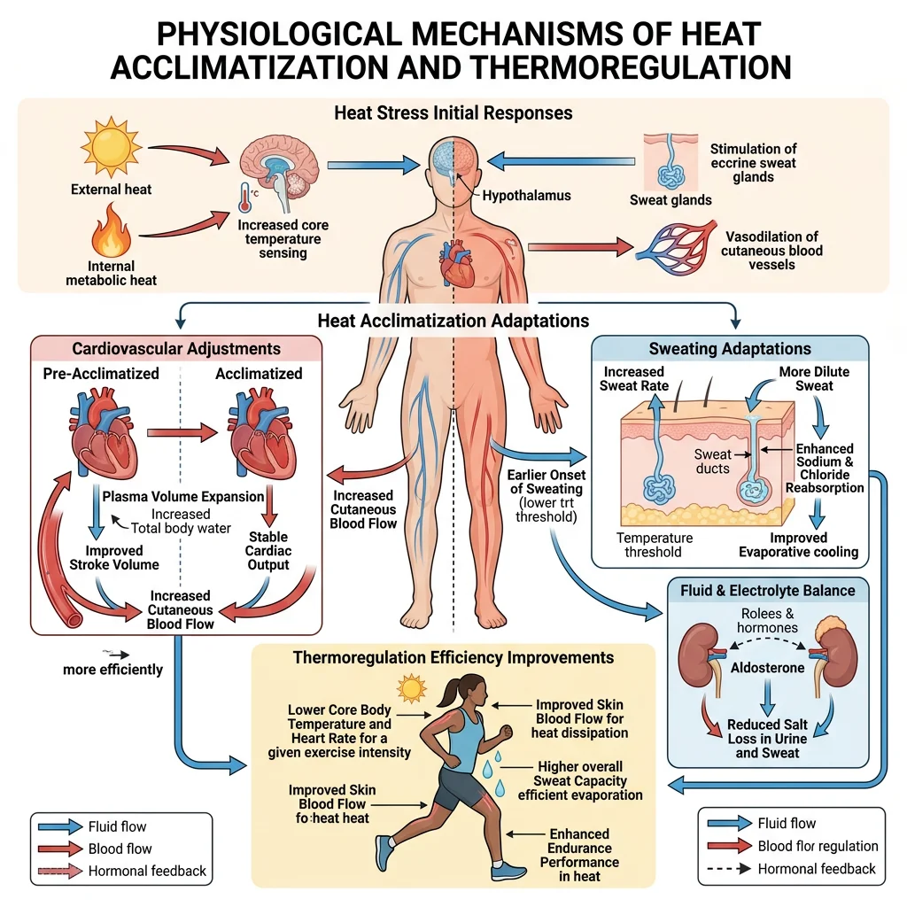Illustration of heat acclimatization and thermoregulation mechanisms including plasma volume expansion, sweat rate changes, and cardiovascular adjustments