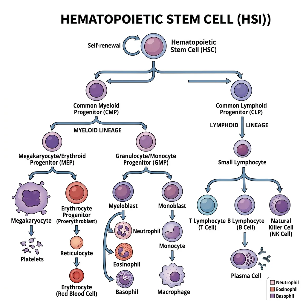 Hematopoietic stem cell differentiation tree showing HSC branching into common myeloid progenitor (CMP) and common lymphoid progenitor (CLP), with downstream lineages for erythrocytes, platelets, granulocytes, monocytes, T cells, B cells, and NK cells