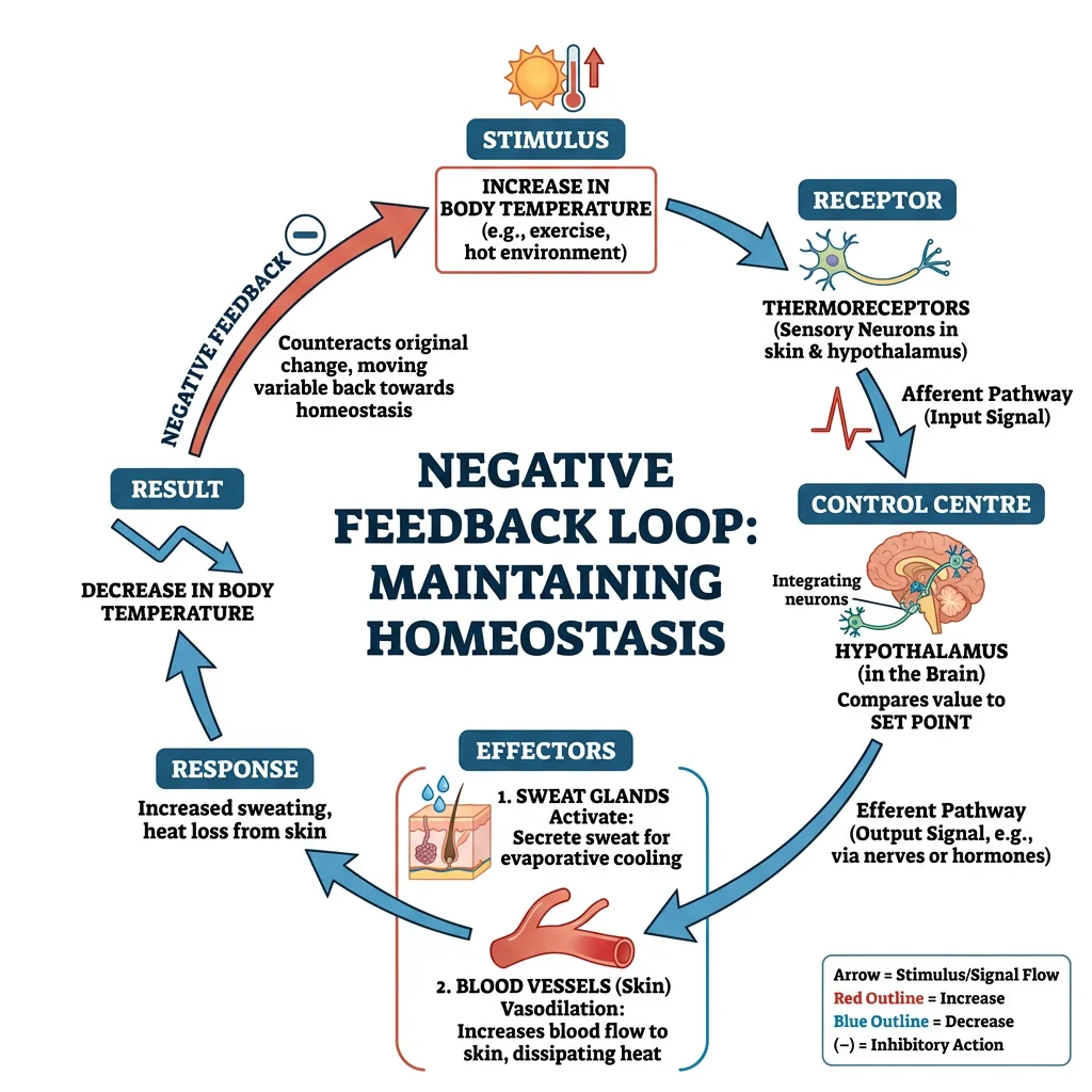 Diagram showing a negative feedback loop with receptor detecting a stimulus, control centre processing the signal, and effector producing a response that opposes the original change to restore homeostasis