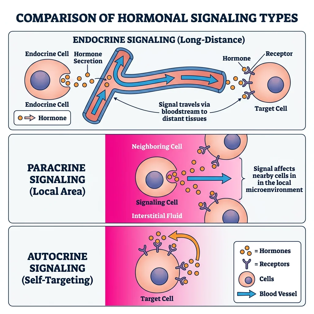 Diagram comparing endocrine, paracrine, and autocrine hormone signaling types