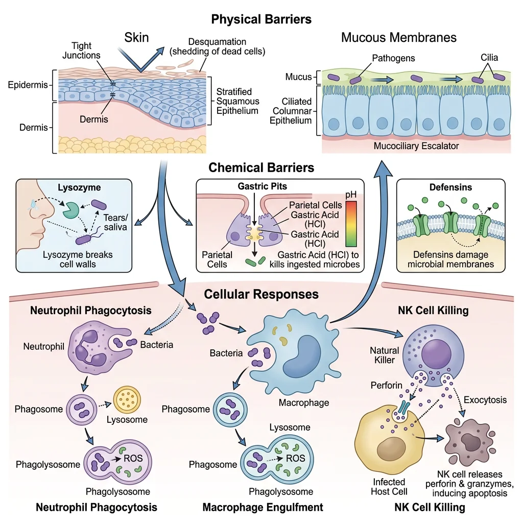 Innate immune defenses showing physical barriers (skin, mucous membranes), chemical barriers (lysozyme, gastric acid, defensins), and cellular responses (neutrophil phagocytosis, macrophage engulfment, NK cell killing)