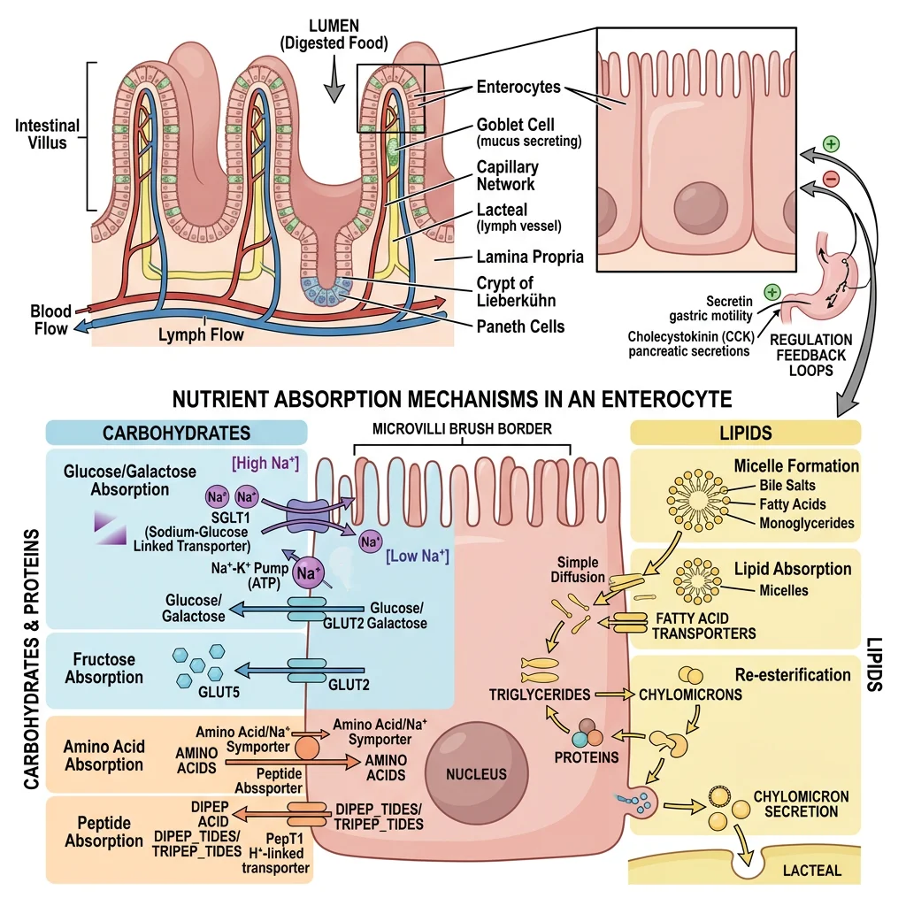 Cross-section of intestinal villi showing enterocytes, microvilli brush border, and nutrient absorption mechanisms