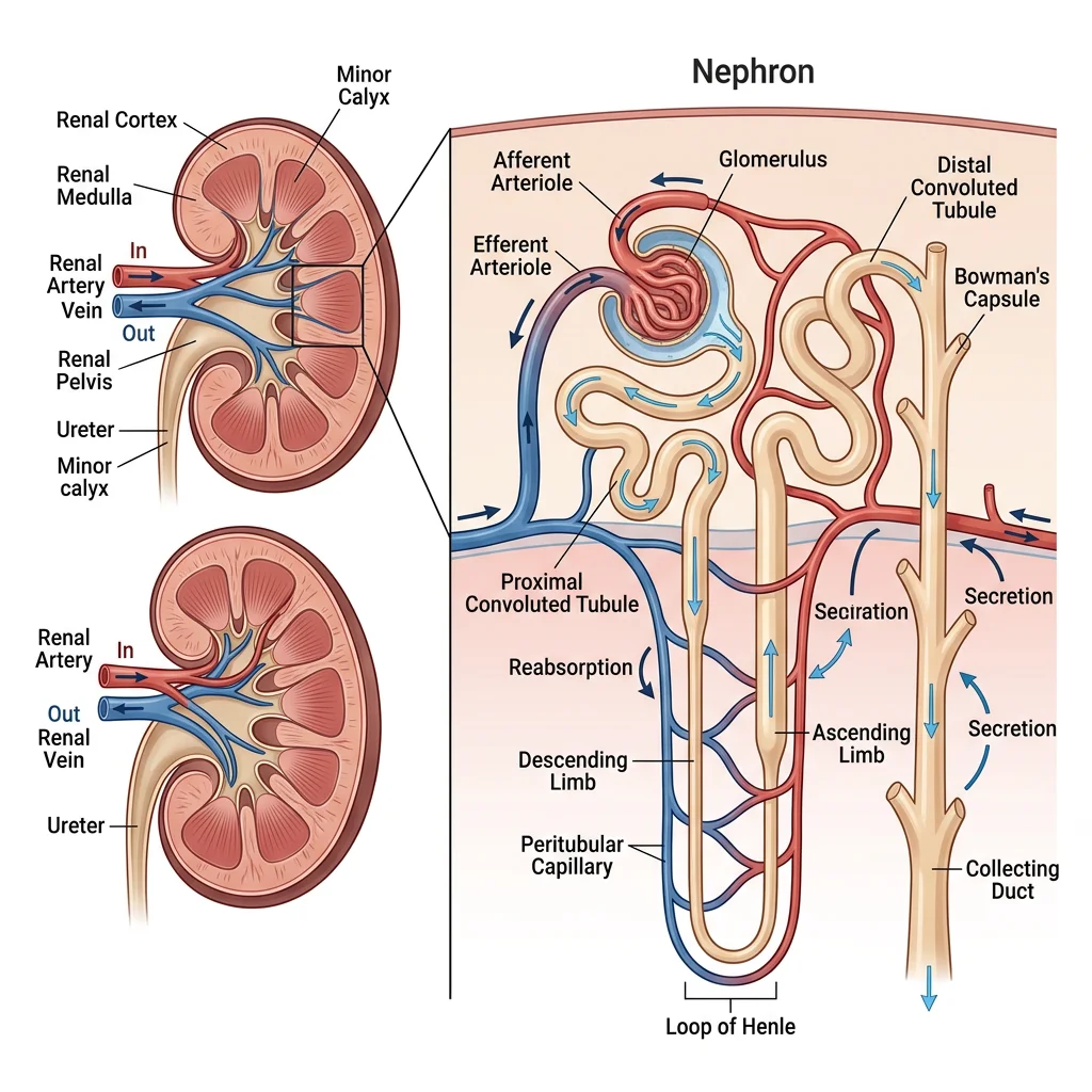 Diagram of kidney and nephron anatomy showing the cortex, medulla, glomerulus, proximal and distal tubules, loop of Henle, and collecting duct with blood supply