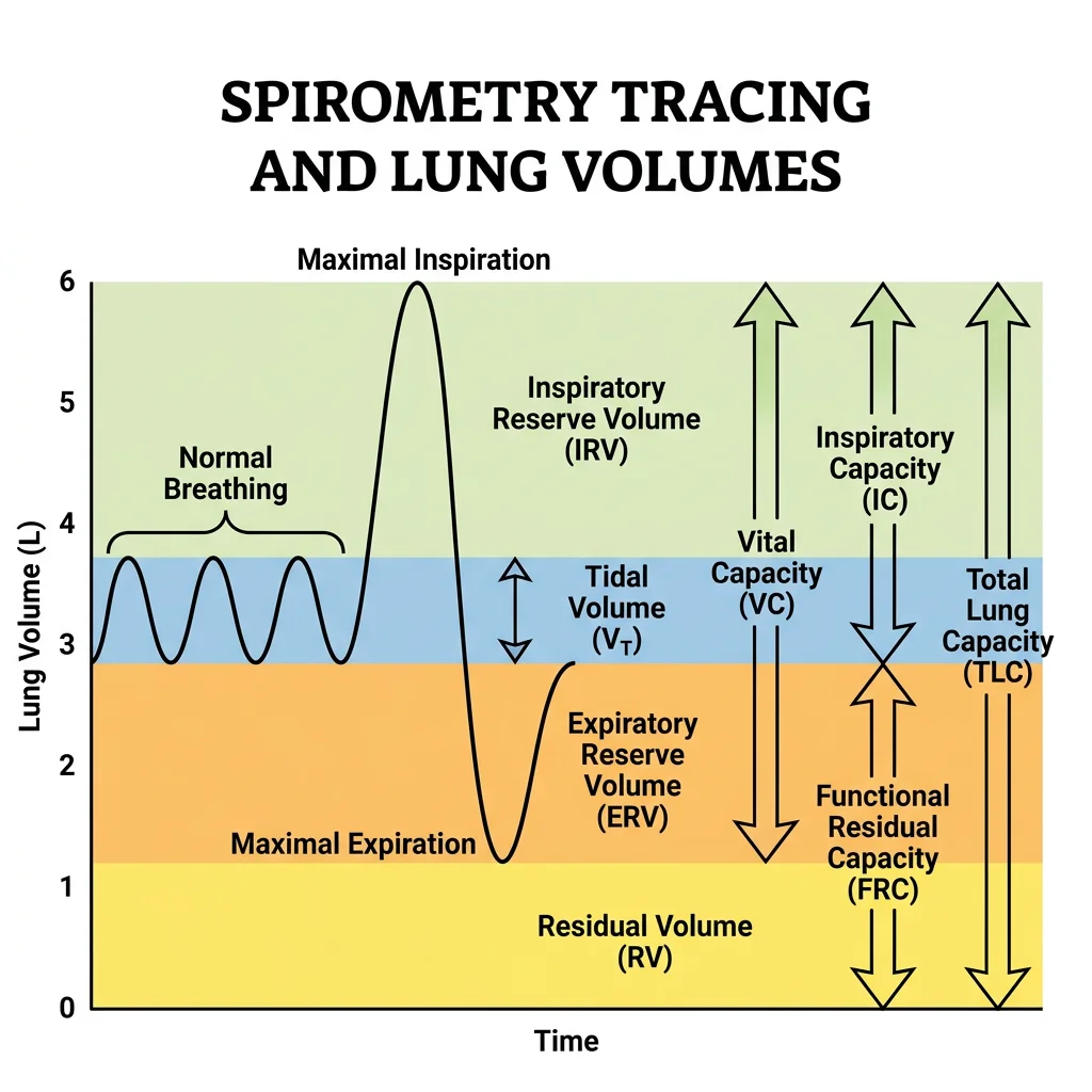 Spirometry tracing showing tidal volume, inspiratory and expiratory reserve volumes, residual volume, vital capacity, and total lung capacity