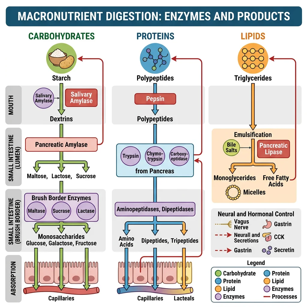 Flowchart of macronutrient digestion showing enzymes and products for carbohydrates, proteins, and lipids