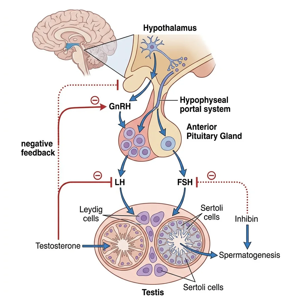 Diagram of the hypothalamic-pituitary-gonadal (HPG) axis showing GnRH, LH, FSH, and testosterone feedback loops in male reproductive physiology