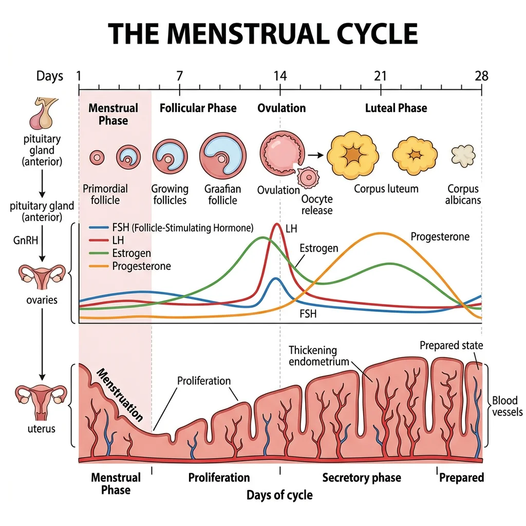 Diagram of the menstrual cycle showing follicular phase, ovulation, and luteal phase with corresponding hormonal levels of oestrogen, progesterone, LH, and FSH