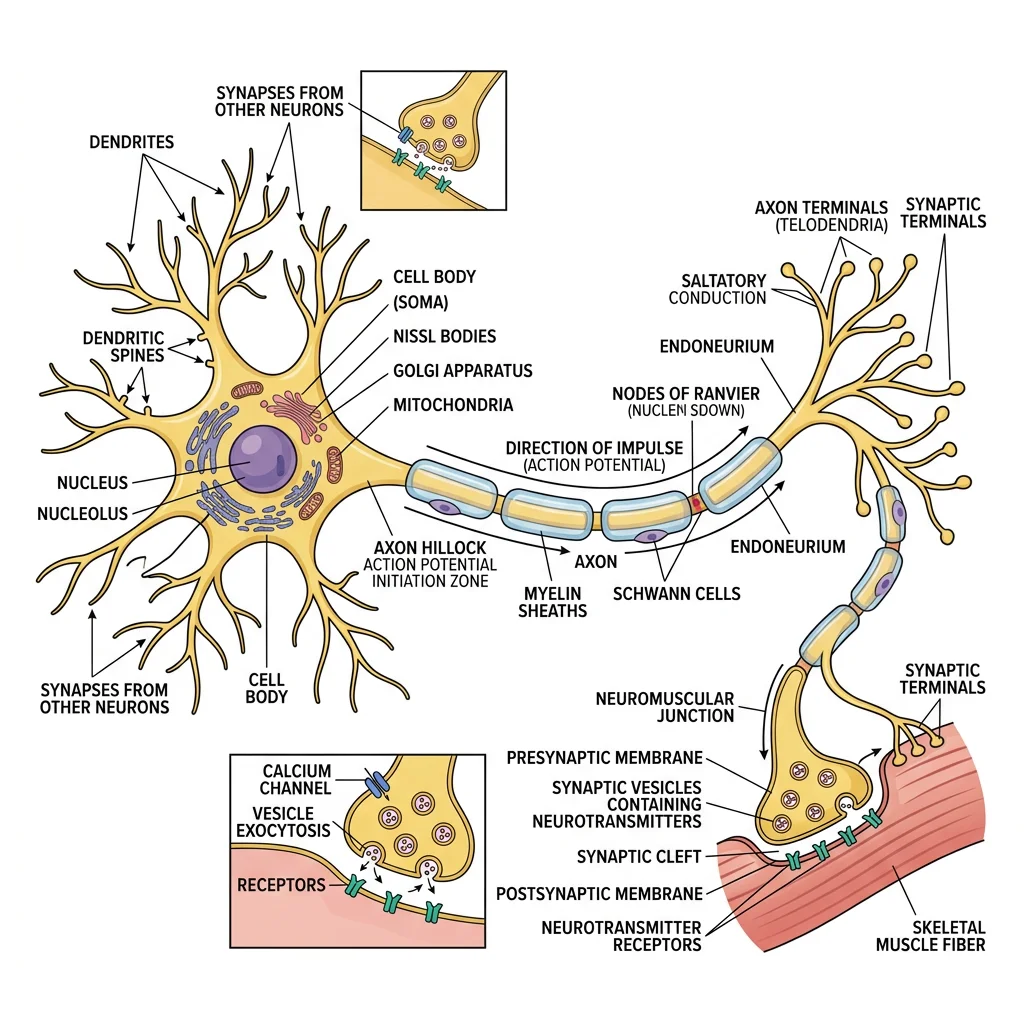 Neuron structure showing dendrites, cell body, axon, and synaptic terminals