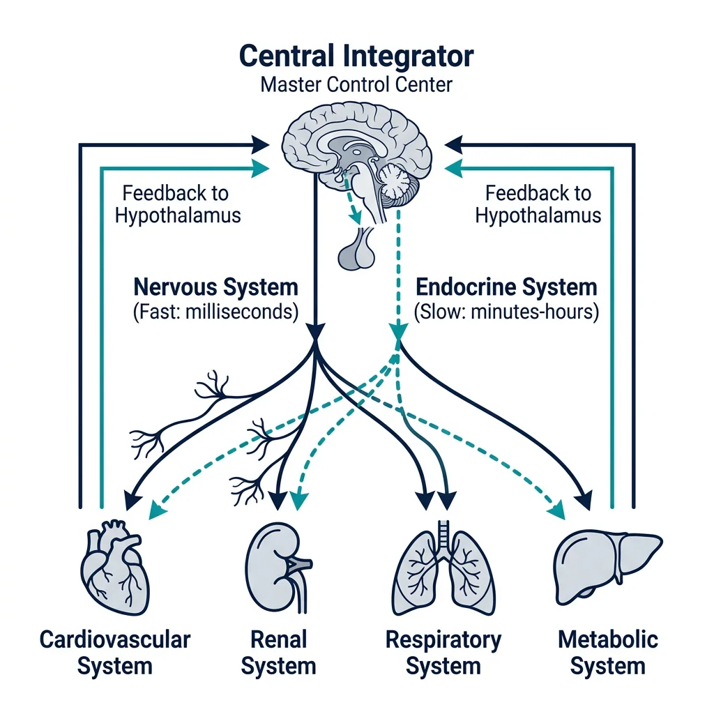 Diagram of organ systems integrated through nervous and endocrine pathways, with the hypothalamus as the central integrator connecting the brain, pituitary gland, and target organs for coordinated homeostatic regulation