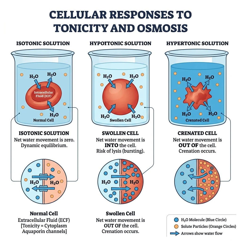 Osmosis and cell volume changes in isotonic, hypotonic, and hypertonic solutions showing normal, swollen, and crenated cells