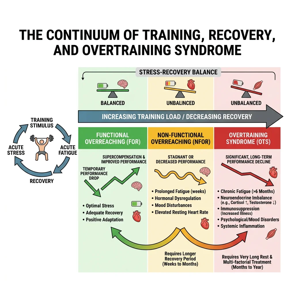 Diagram of overtraining syndrome showing the stress-recovery balance from functional overreaching through non-functional overreaching to overtraining syndrome