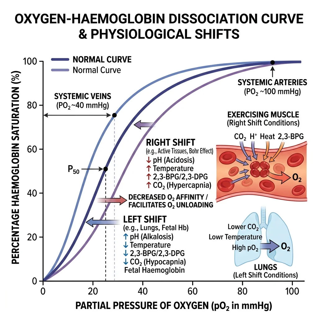 Oxygen-haemoglobin dissociation curve showing sigmoidal shape with right and left shift factors including pH, temperature, 2,3-DPG, and CO₂