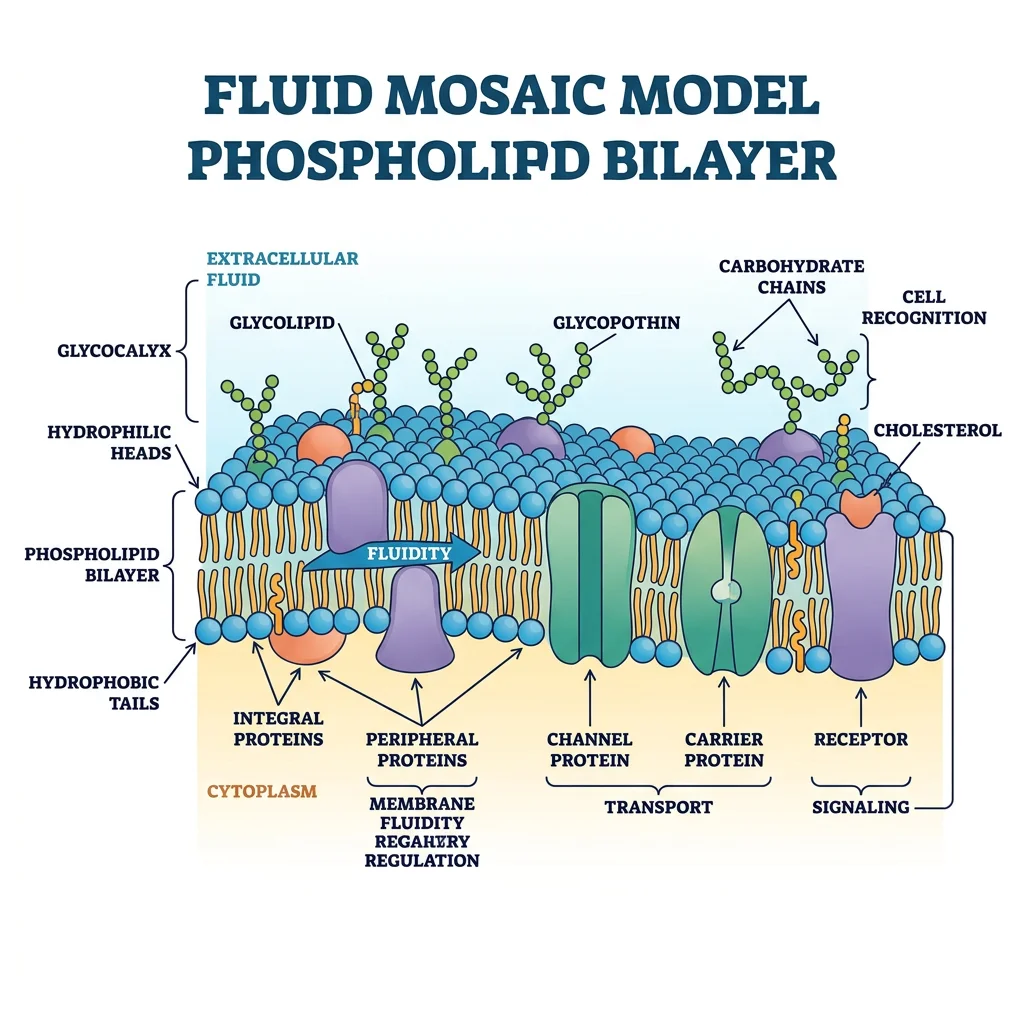 Fluid mosaic model of the phospholipid bilayer showing integral and peripheral proteins, cholesterol, and glycocalyx