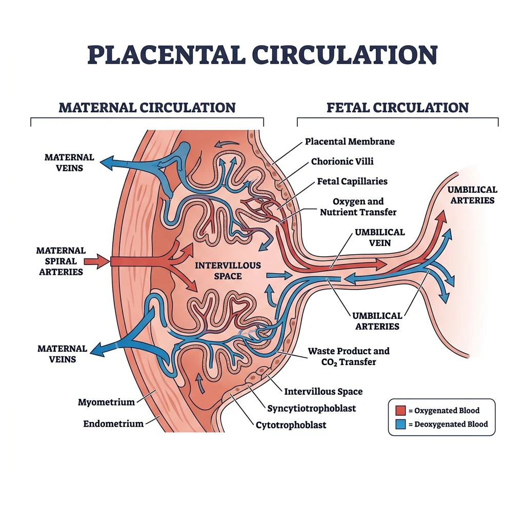 Diagram of placental circulation showing maternal spiral arteries, intervillous space, chorionic villi, and fetal umbilical vessels