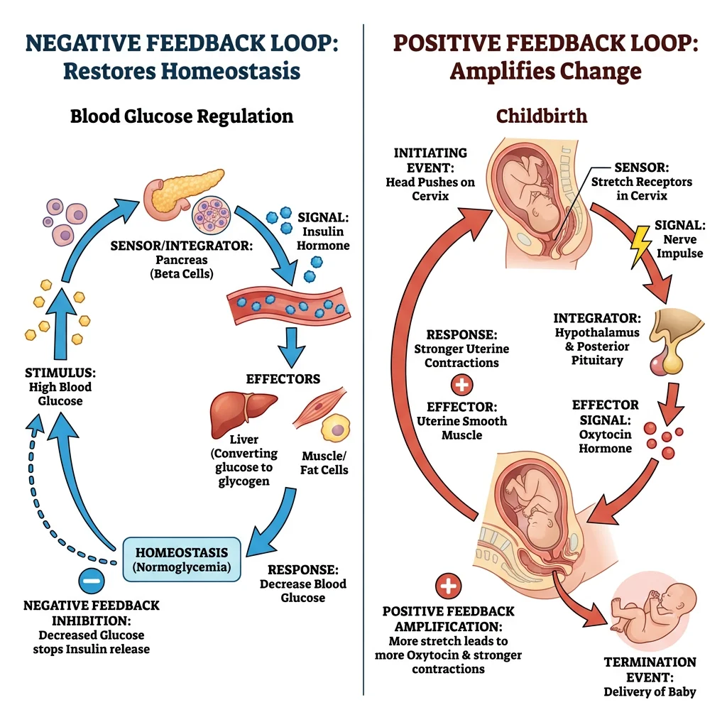 Side-by-side comparison of positive and negative feedback loops, showing how negative feedback opposes change to restore equilibrium while positive feedback amplifies change until a termination event