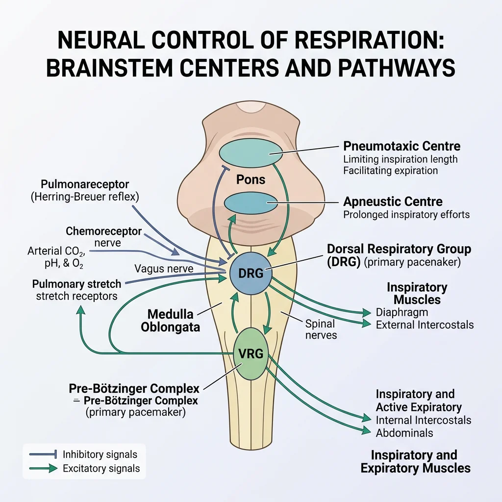 Brainstem diagram showing the dorsal respiratory group, ventral respiratory group, pneumotaxic centre, apneustic centre, and Pre-Bötzinger complex with their neural connections