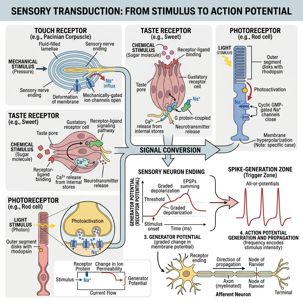 Sensory receptor transduction pathway from stimulus to action potential generation