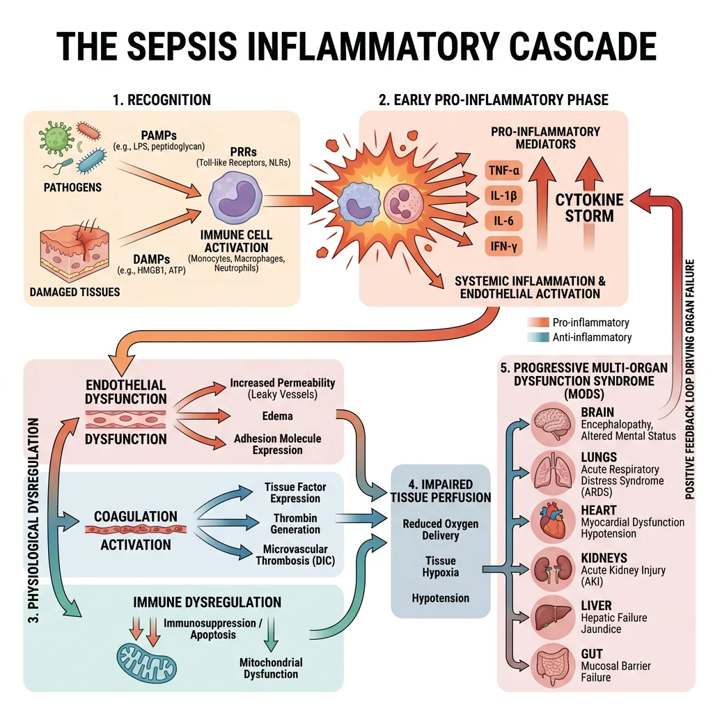 Sepsis inflammatory cascade showing PAMP/DAMP recognition, cytokine storm, and progressive multi-organ dysfunction